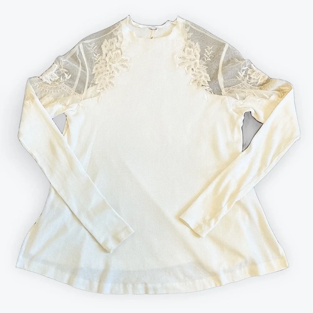 Free People Cream Ribbed Knit Embroidered Mesh Lace Long Sleeve Top XS